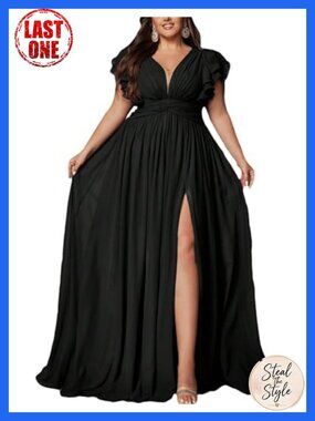 Plus Size Bridesmaid Dress A-Line Chiffon Ruffle Sleeve High Slit Maxi Formal
